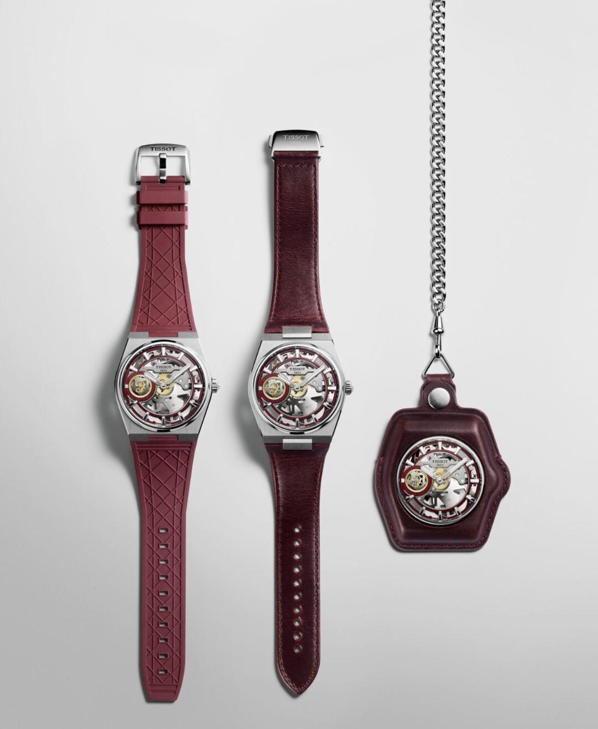 Tissot PRX Skeleton Damian Lillard Special Edition shown on a burgundy rubber strap, a burgundy leather strap and as a pocket watch on a chain