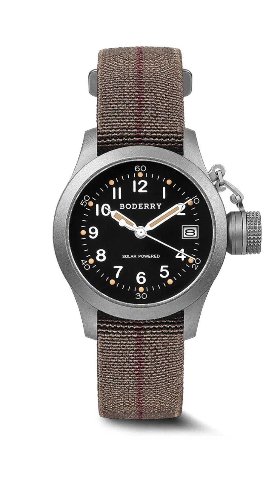 Boderry Falcon Canteen Field watch with a black dial, a canteen crown on a chain and a brown strap with a red stripe