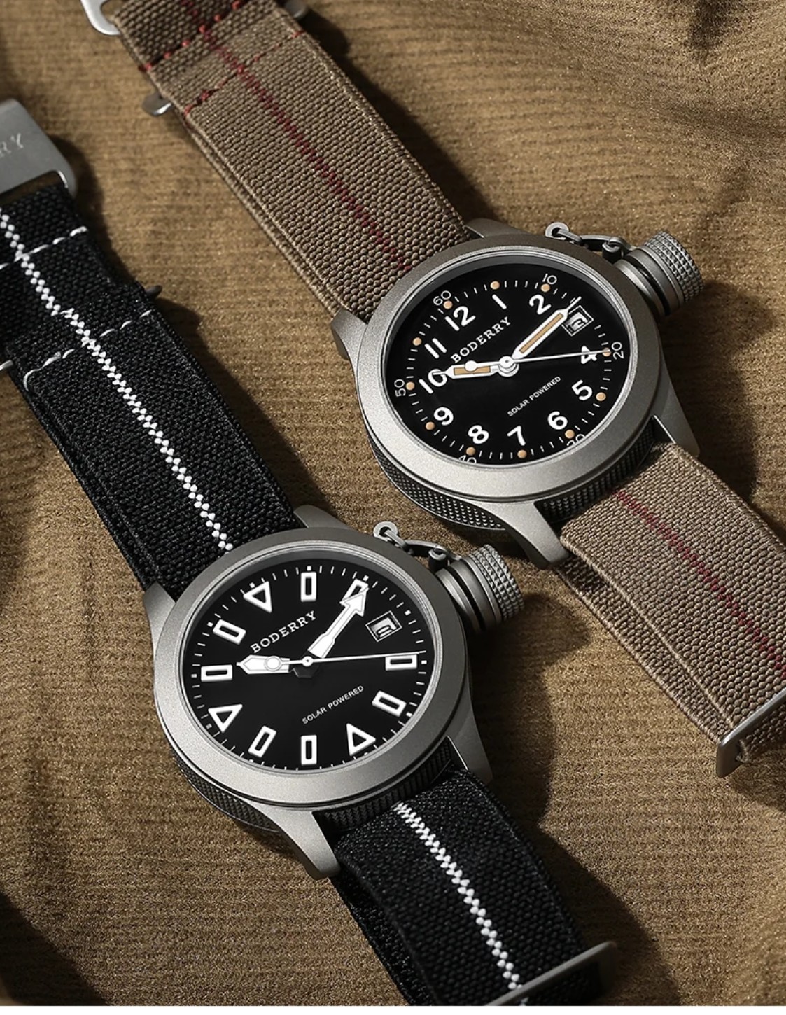 Boderry Falcon Canteen Field and Dive watches on khaki fabric, with brown and black elastic nylon straps